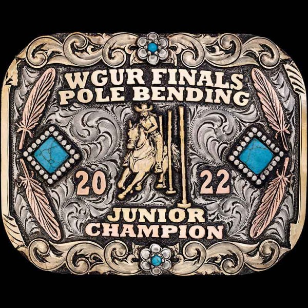 The Antebellum North Custom Belt Buckle has a unique frame with bronze floral overlays, engraved feathers and 4 turquoise stones. Personalize this design now!
